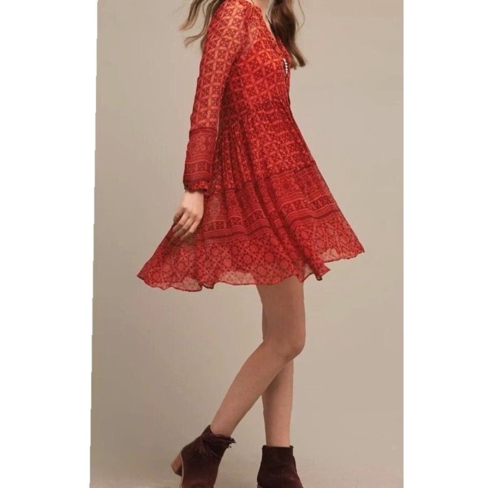 Maeve Anthropologie Canna Swing Dress Sheer Orange Red Geometric Dress Size 2